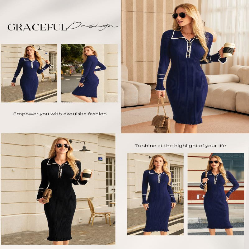👗 Women’s Ribbed Sweater Dress – Long Sleeve Lapel Collar Knitted Bodycon Dress 💫