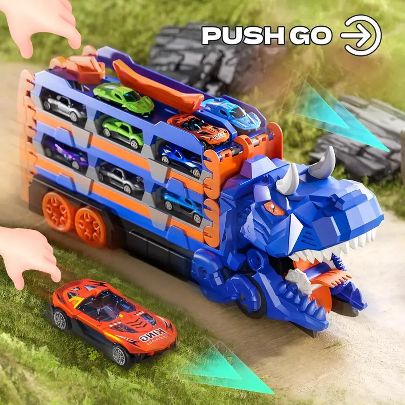 Dinosaur Transport Truck Toy – 2-in-1 Racetrack + Storage Playset with 12 Die-Cast Cars