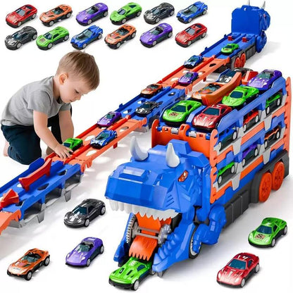 Dinosaur Transport Truck Toy – 2-in-1 Racetrack + Storage Playset with 12 Die-Cast Cars