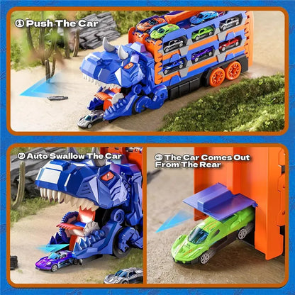 Dinosaur Transport Truck Toy – 2-in-1 Racetrack + Storage Playset with 12 Die-Cast Cars