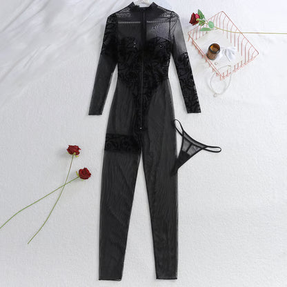 Embroidered Mesh Zipper See-through Long-sleeved Lingerie Bodysuit