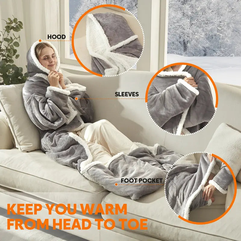 🔥 Wearable Electric Heated Blanket with Sleeves, Hood & Foot Pockets – 50x70 Inch Cozy Flannel Sherpa Blanket 🔌❄️